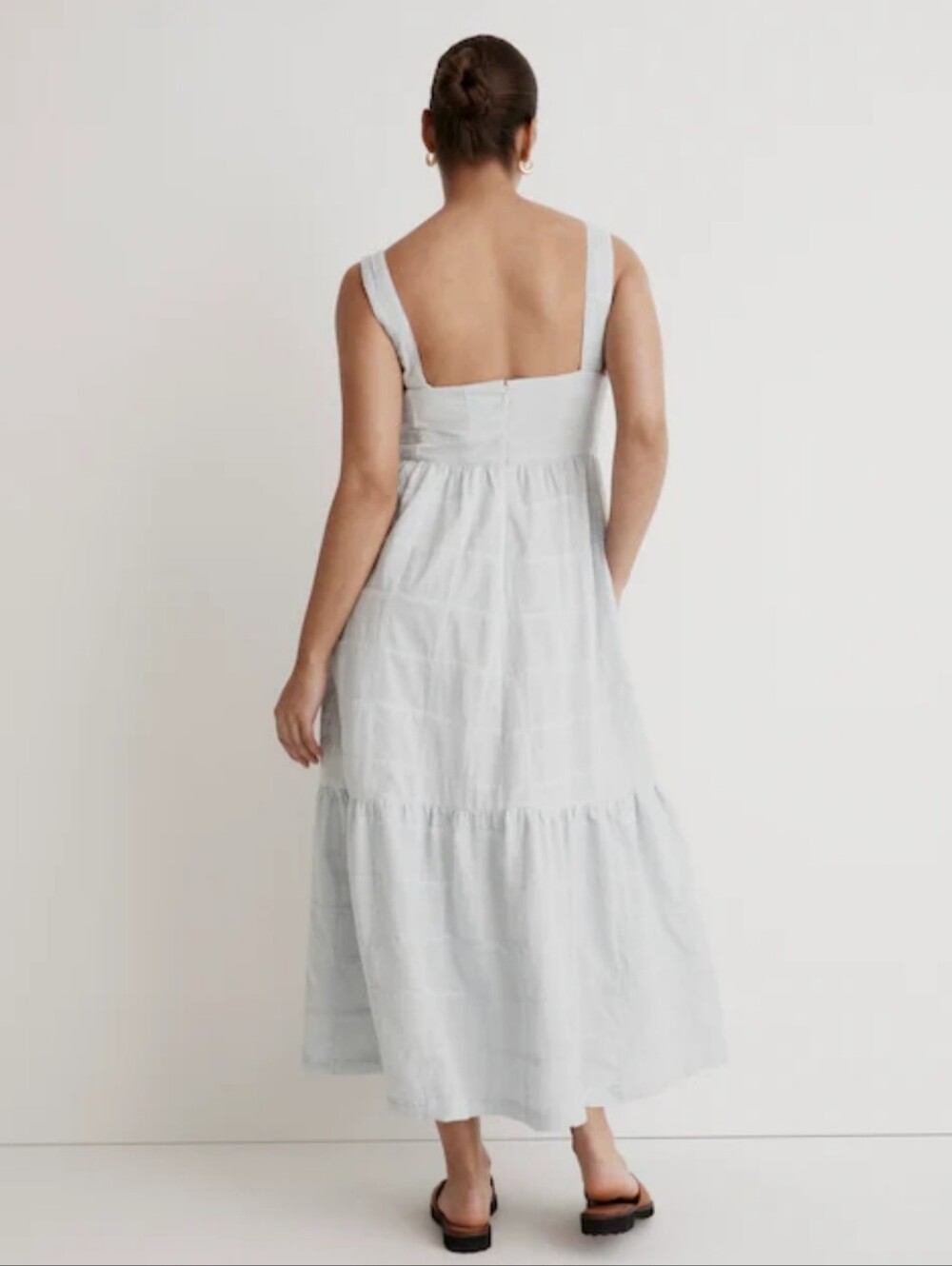 MADEWELL Seersucker Patchwork Tiered Midi Cotton Dress Sz 8 Cottagecore Coastal - Picture 3 of 15